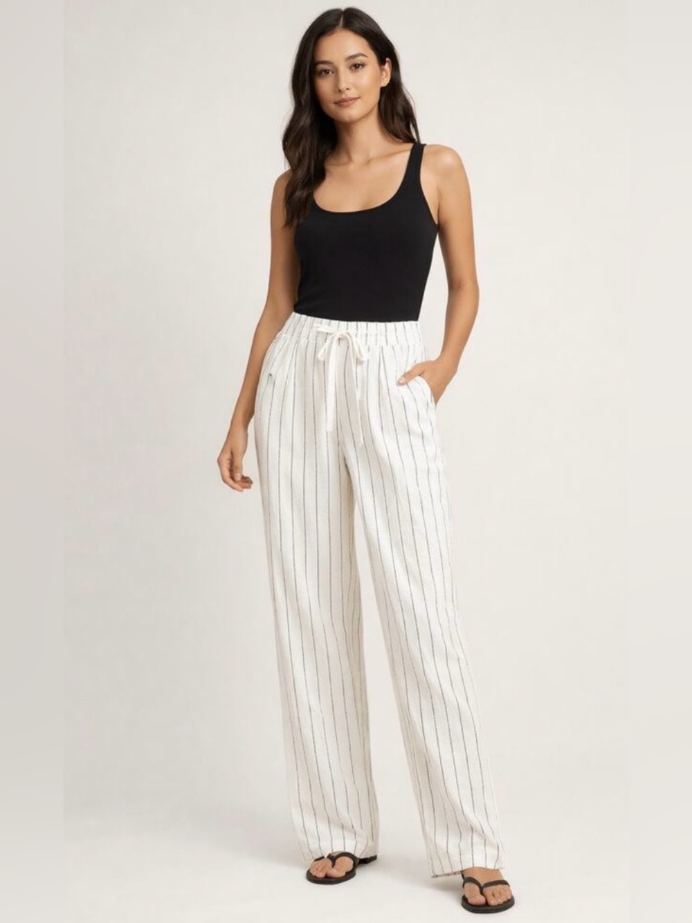 Sienna Sky Womens Linen Blend Drawstring Wide Leg Striped Pants